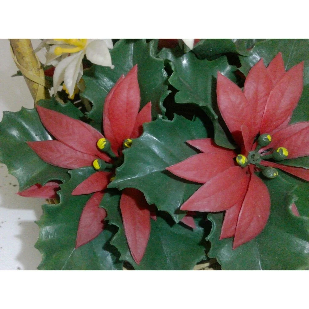 Vintage 1960s Poinsettias Arrangement in Wicker Basket Plastic 8 inch